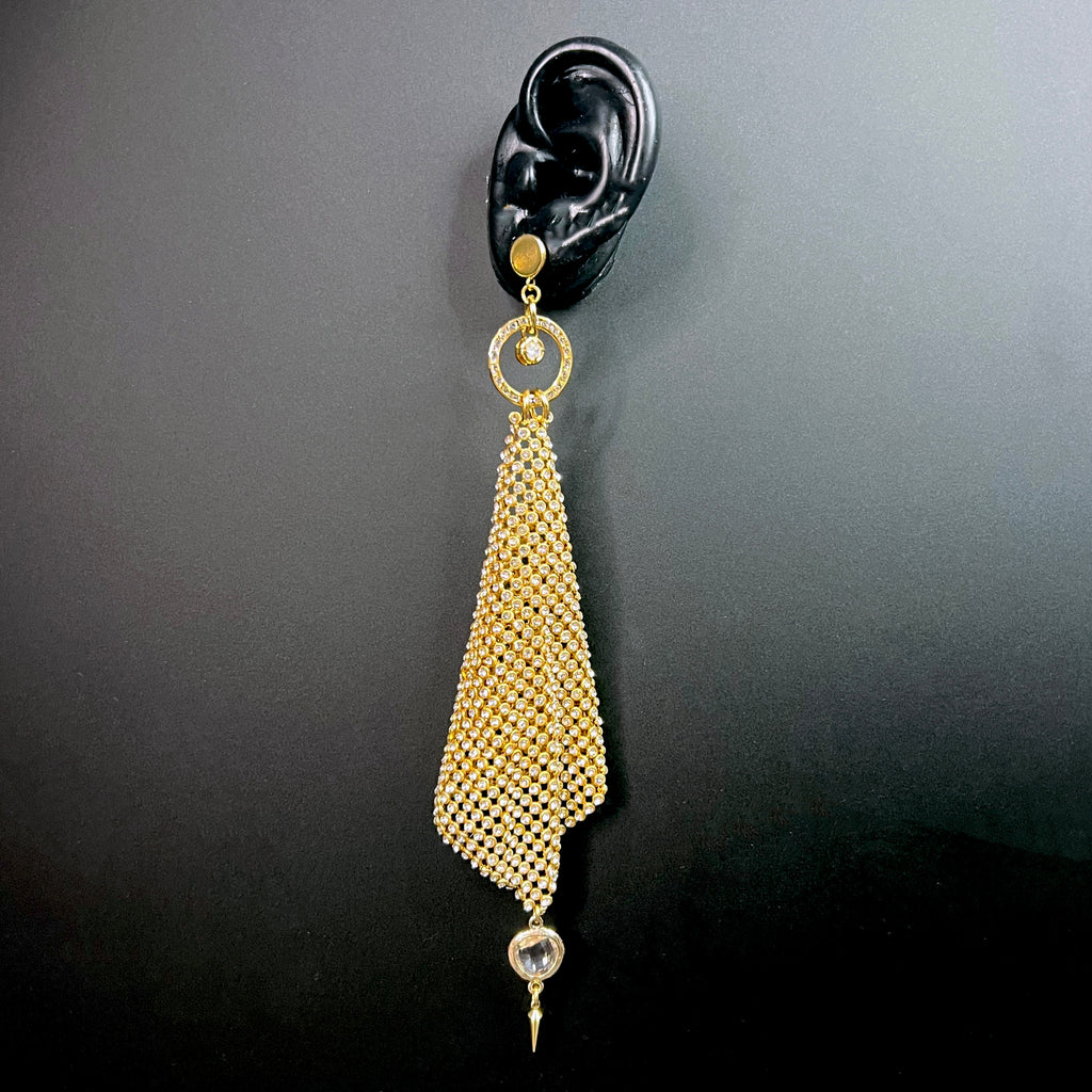 Gold mesh drop earrings with crystal accents and pointed spike detail – statement evening earrings