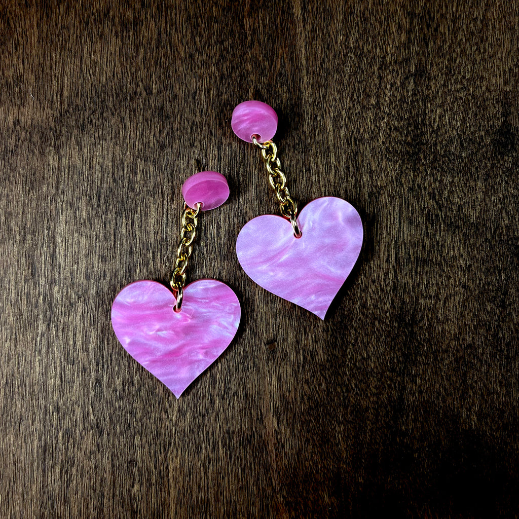 Heartbreaker Drop Earring – Pink Pearl Acrylic with Gold Chain