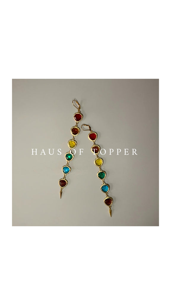 logged image of the Rainbow chandelier earrings with multicolor faceted crystals in gold-tone setting and spiked drops