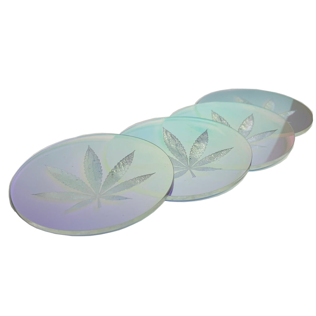 Iridescent acrylic drink coaster engraved with marijuana leaf