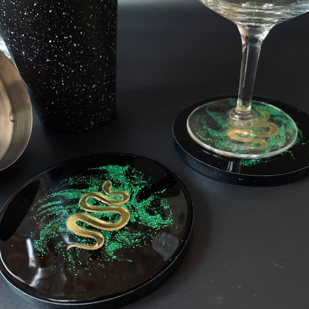 Golden Serpent in Green Shimmer Dust Coasters