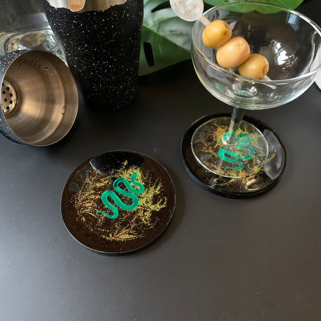 Green Serpent in Gold Dust Coasters