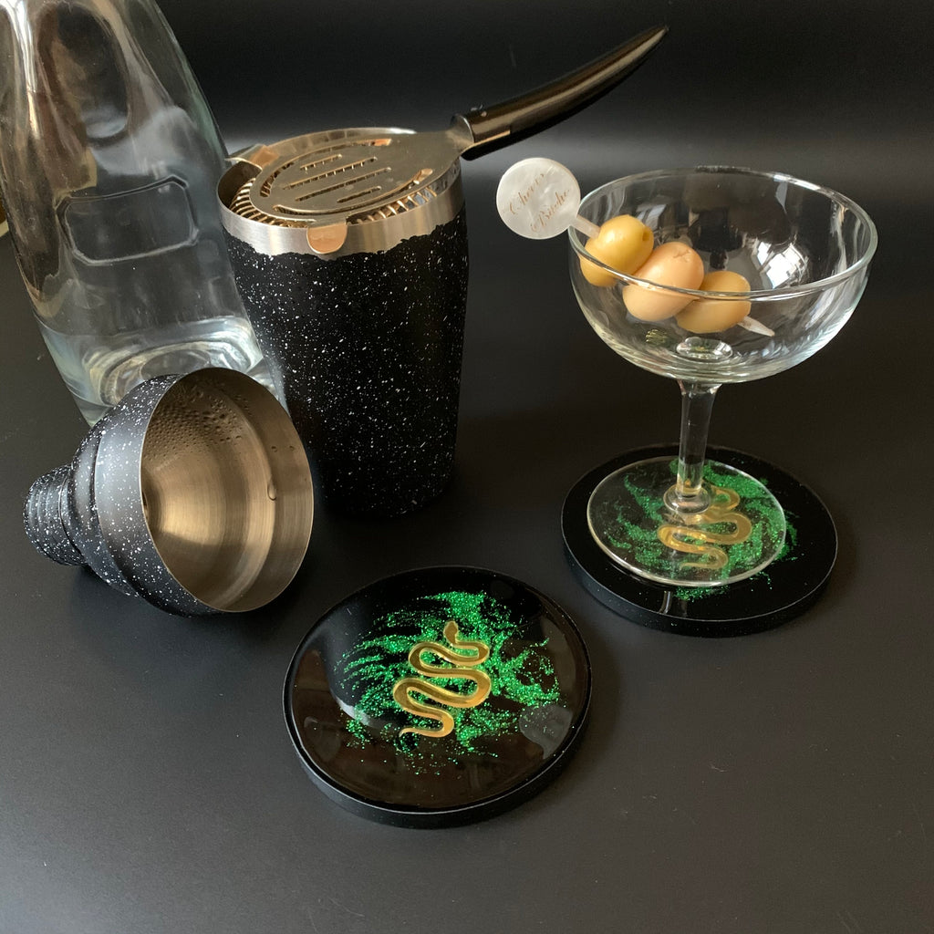 Golden Serpent in Green Shimmer Dust Coasters