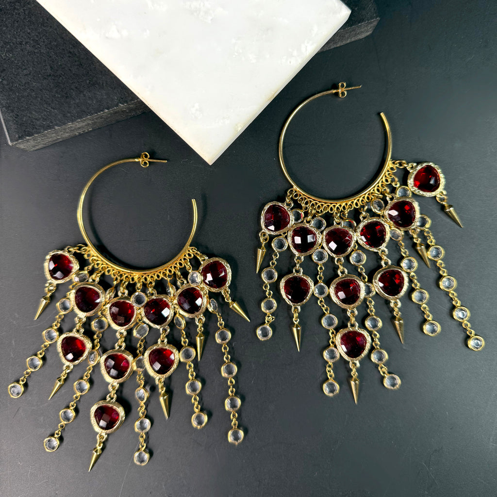 Crimson Cascade Chandelier Hoops