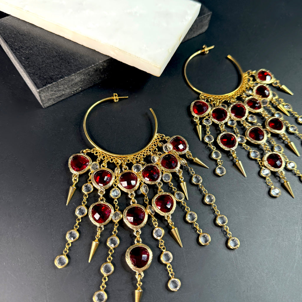Crimson Cascade Chandelier Hoops