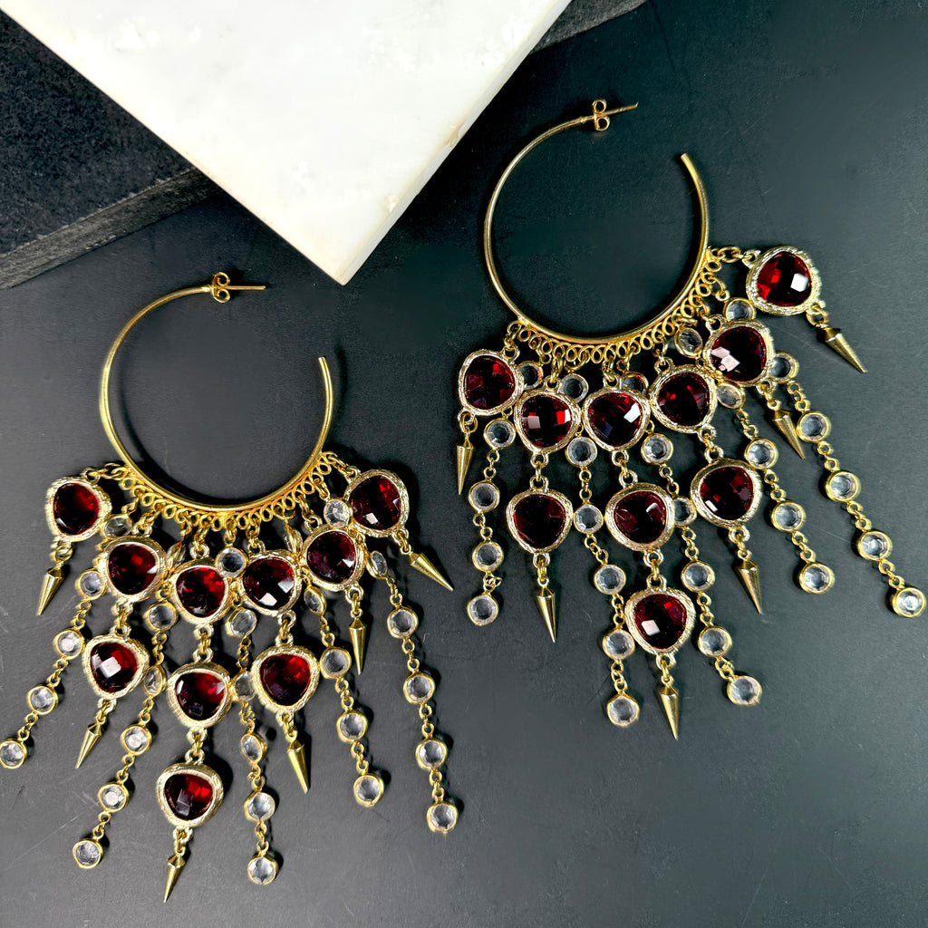 Crimson Cascade Chandelier Hoops