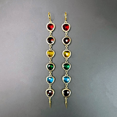 Rainbow chandelier earrings with multicolor faceted crystals in gold-tone setting and spiked drops