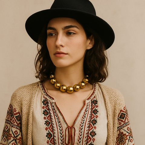 Bold oversized gold bead choker styled in a boho chic manner on model – statement necklace for fashion-forward looks