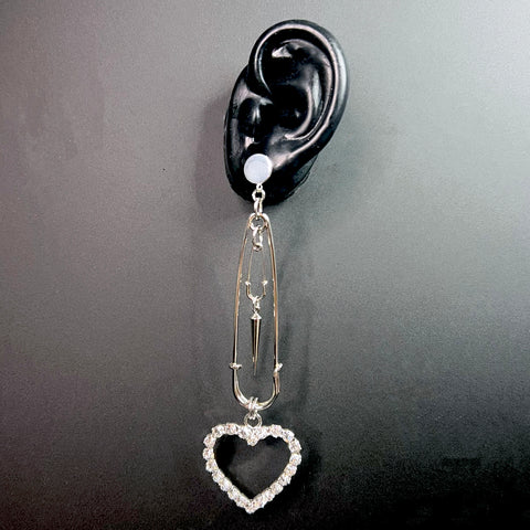 Silver heart earrings with safety pin design – edgy minimalist drop earrings in polished metal