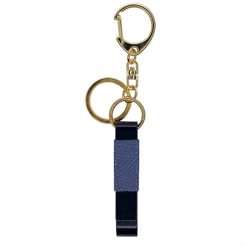 periwinkle blue lizard skin wrapped matte black and gold bottle opener key chain charm