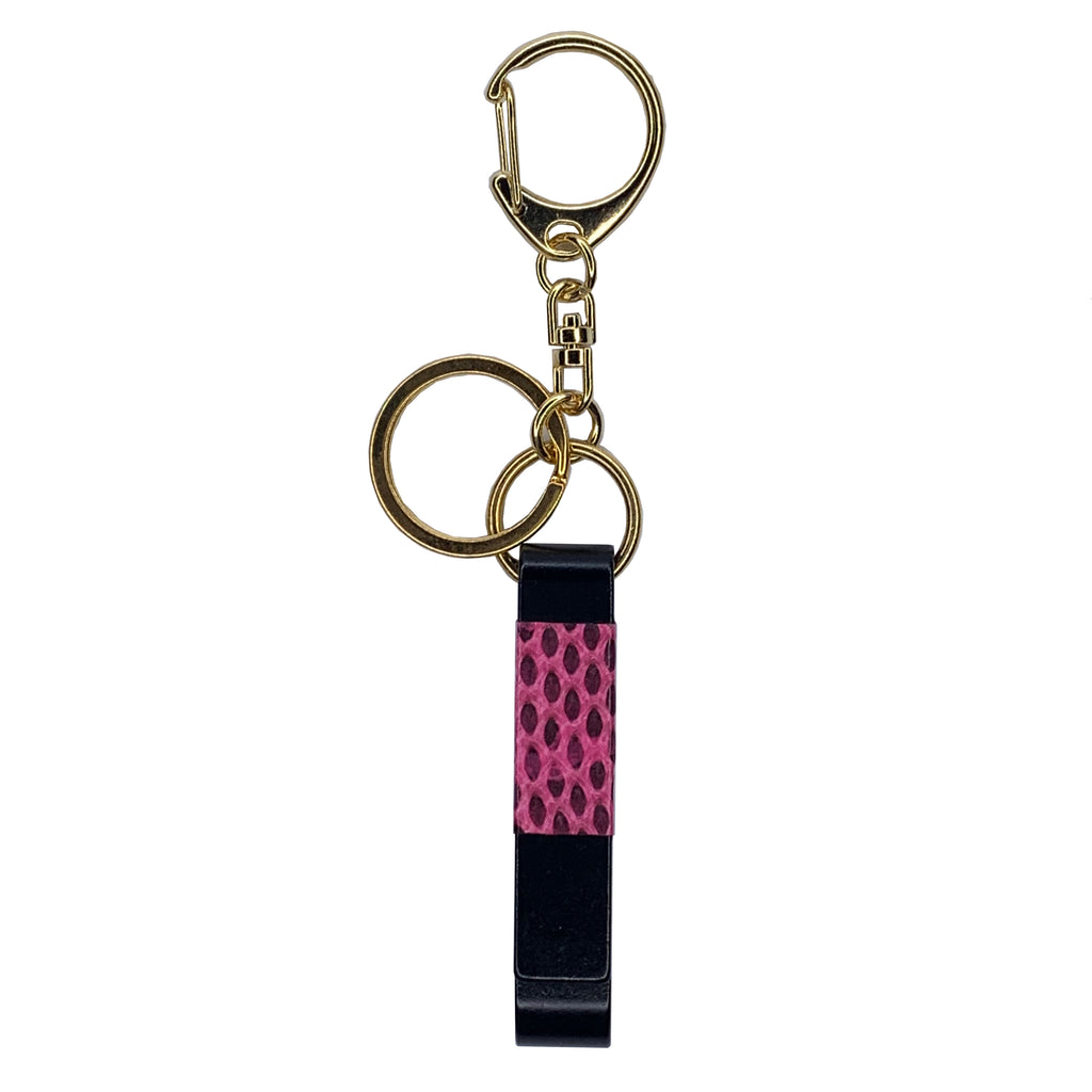 pink lizard skin wrapped matte black and gold bottle opener key chain charm