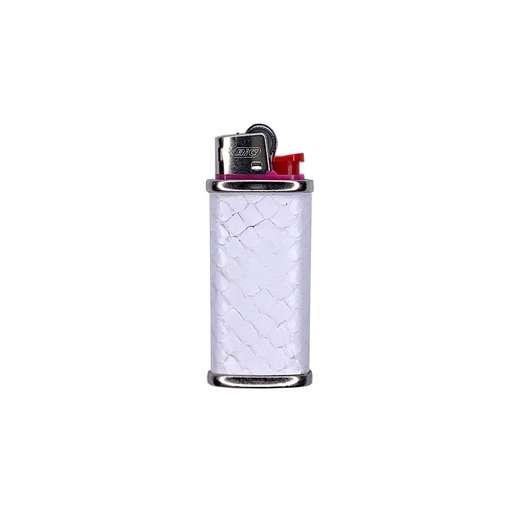 White snake skin and stainless steel mini bic lighter cover