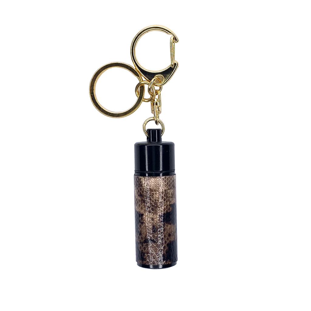 Gun metal and gold brown lizard skin wrapped Pillbox key chain charm