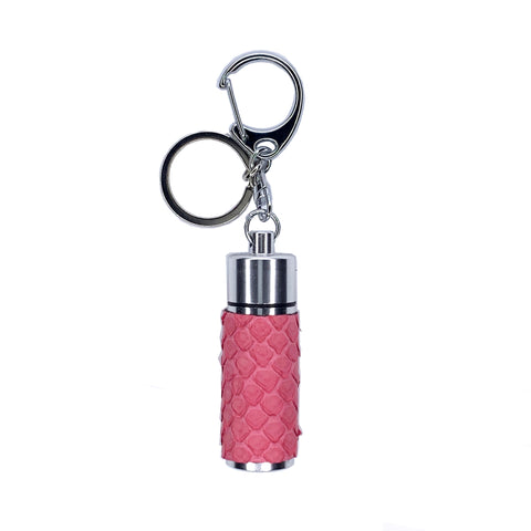 Silver Key chain pillbox wrapped in matte finish baby pink python