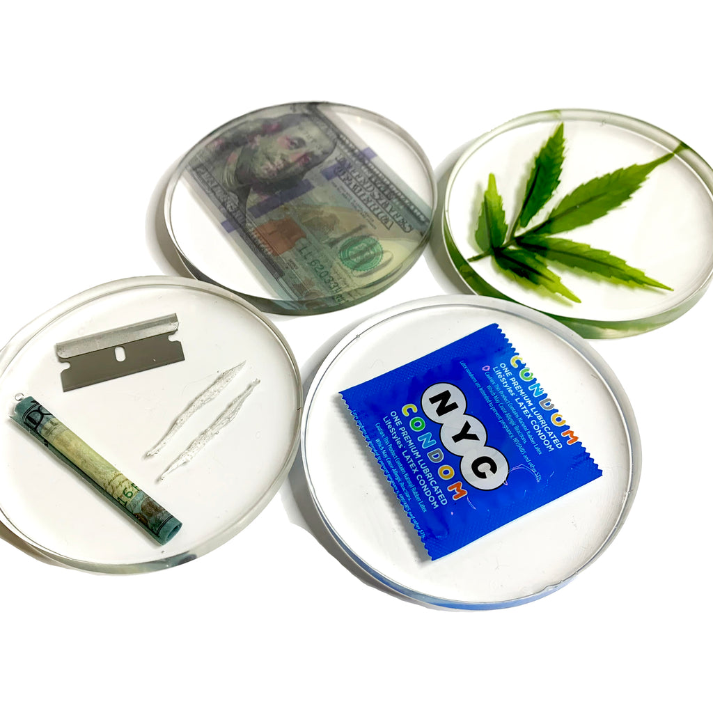 4 set resin drink coasters with a NYC condom, $100 Bill, coke straw and marijuana leaf encased in side each