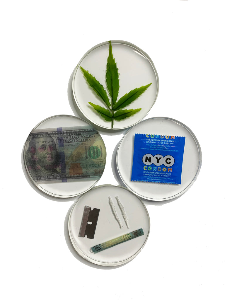 4 set resin drink coasters with a NYC condom, $100 Bill, coke straw and marijuana leaf encased in side each