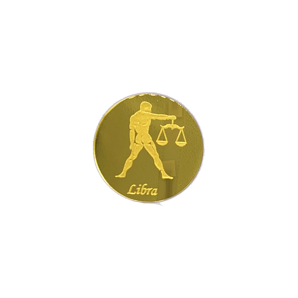 Round, gold mirrored acrylic drink coasters engraved with the Libra astrology symbol