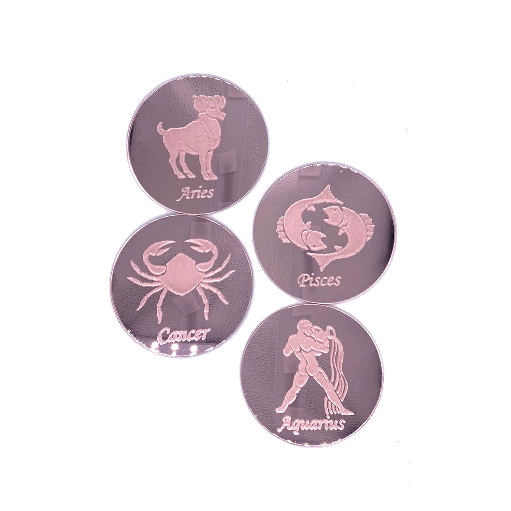 Rose gold mirror zodiac engaved drink coasters