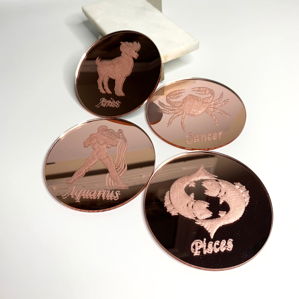 Round rose gold mirror zodiac engraved drink coasters 