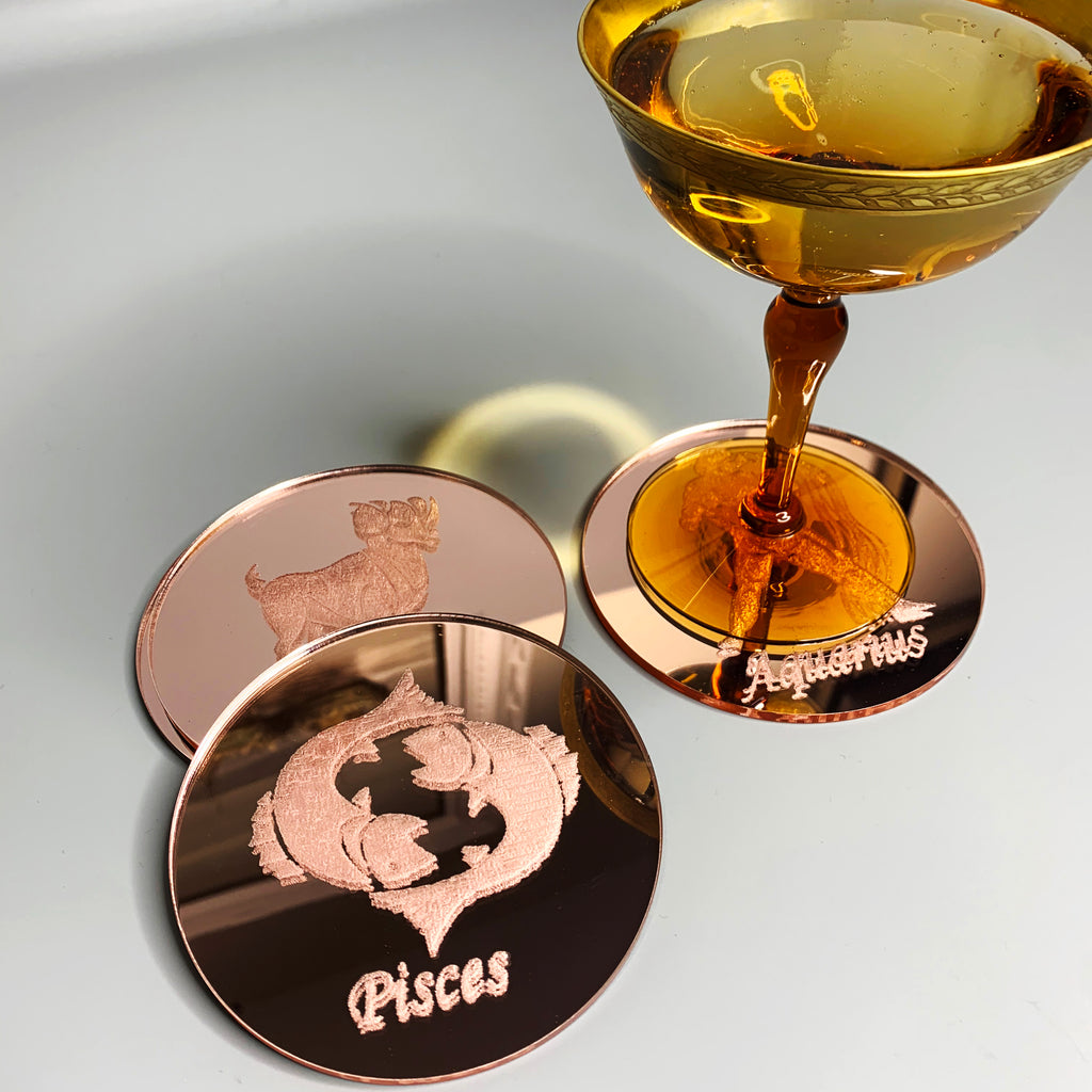 Pisces engraved mirror rose gold drink coaster