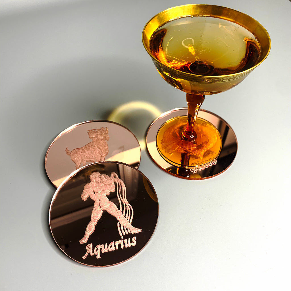 Aquarius engraved mirrored rose gold astrology cocktail coaster