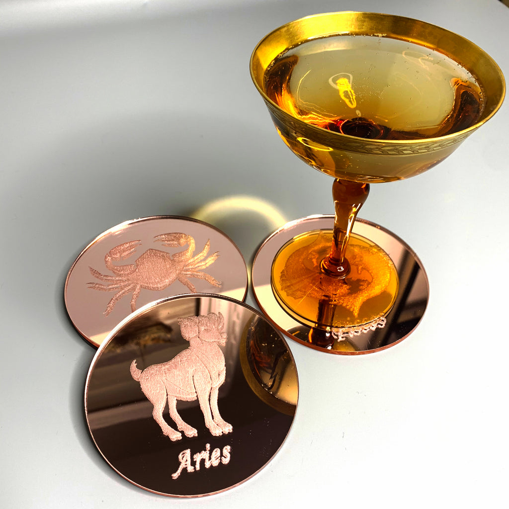 Aries engraved mirrored rose gold astrology drink coaster