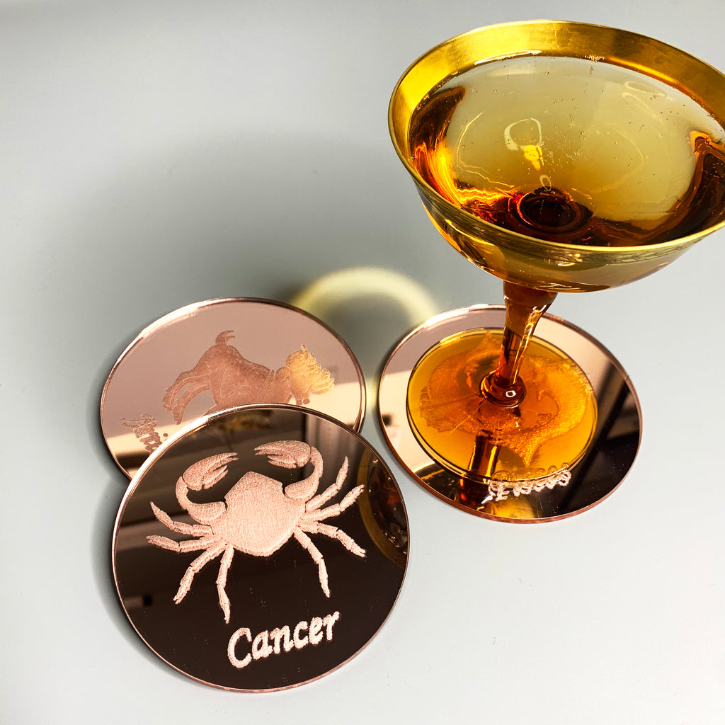 Cancer engraved mirrored rose gold horoscope drink coaster