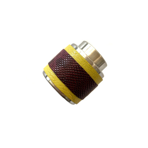 yellow leather striped with burgundy lizard skin wrapped silver tone wine stopper